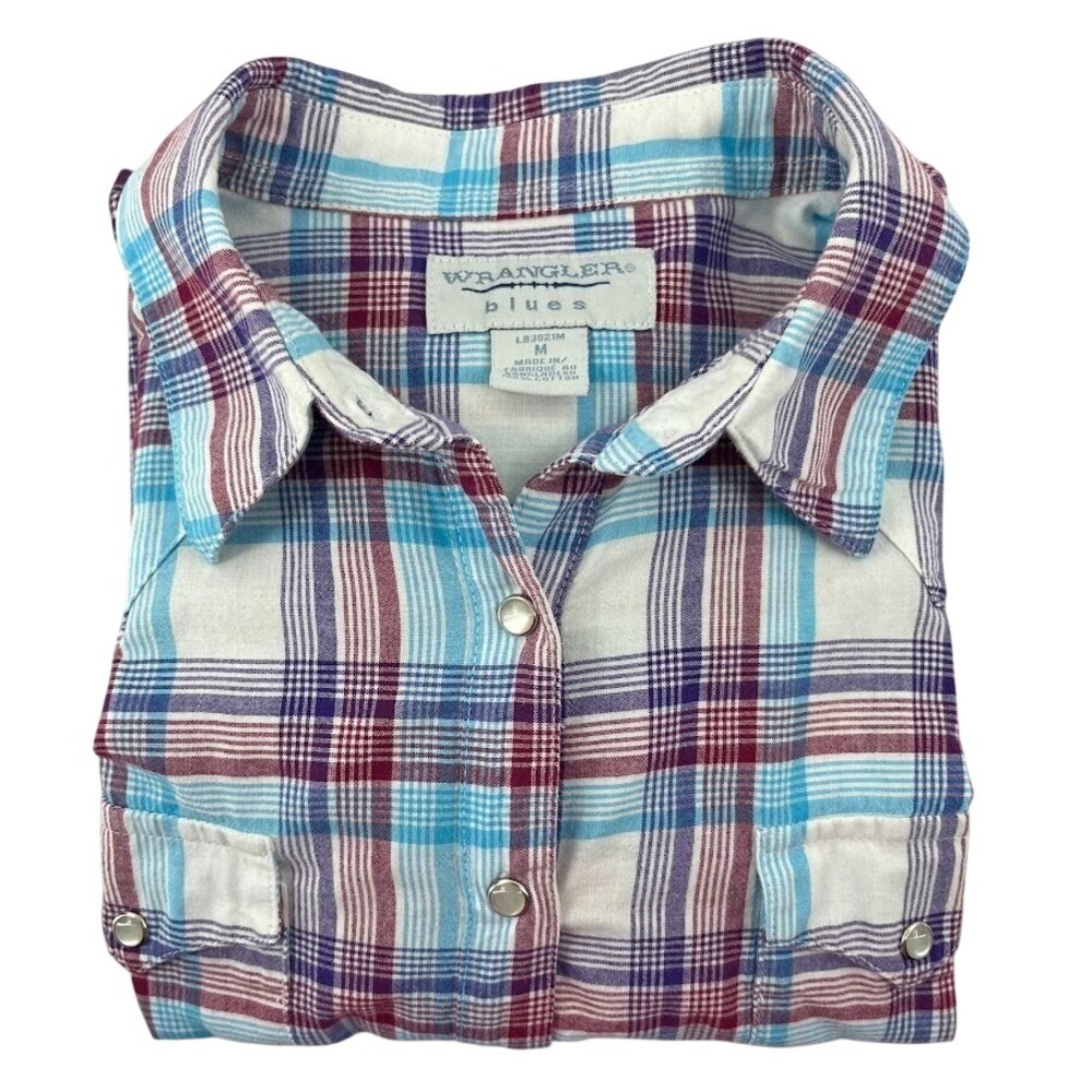 Wrangler Blues Shirt Womens Medium Long Sleeve Pearl Snap Plaid Purple Blue Red - Picture 2 of 9